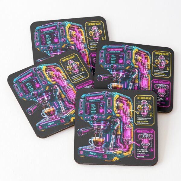 Item preview, Cyberpunk Neon Industrial Espresso Machine Schematic designed and sold by MarVan-Prints.