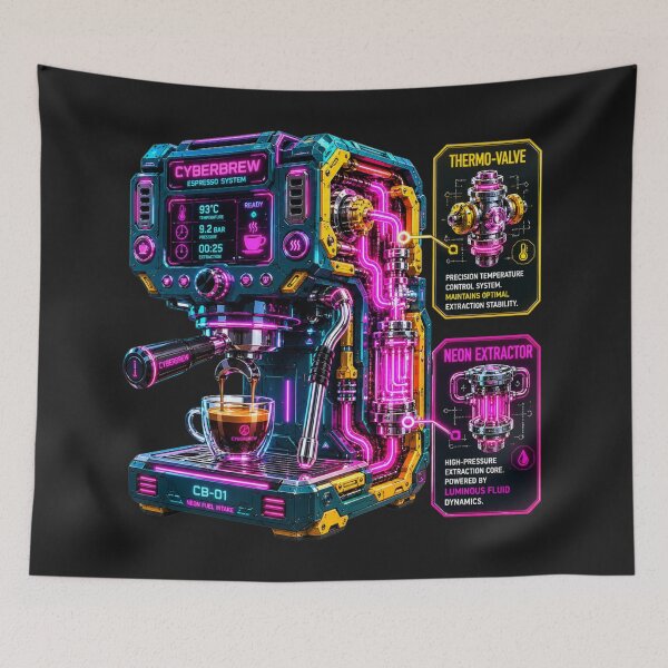 Item preview, Cyberpunk Neon Industrial Espresso Machine Schematic designed and sold by MarVan-Prints.