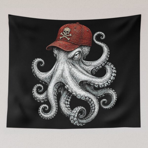 Item preview, Grumpy Octopus Wearing Red Skull Baseball Cap Cool Sea Creature Art designed and sold by PhocoNibict.