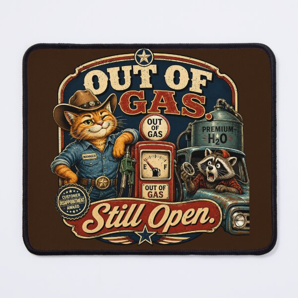Item preview, Out Of Gas Still Open Funny Cowboy Cat Vintage Gas Station Raccoon Retro Cartoon T-Shirt designed and sold by HOUSE OF TIST.