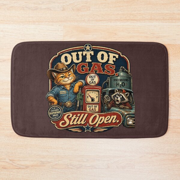 Item preview, Out Of Gas Still Open Funny Cowboy Cat Vintage Gas Station Raccoon Retro Cartoon T-Shirt designed and sold by HOUSE OF TIST.