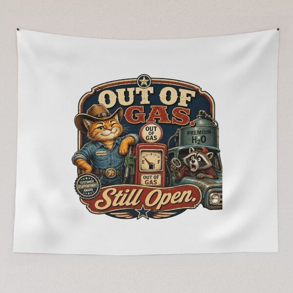 Item preview, Out Of Gas Still Open Funny Cowboy Cat Vintage Gas Station Raccoon Retro Cartoon T-Shirt designed and sold by HOUSE OF TIST.