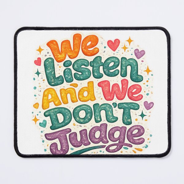 Item preview, We listen and we don't judge designed and sold by Caffeine & Chaos.