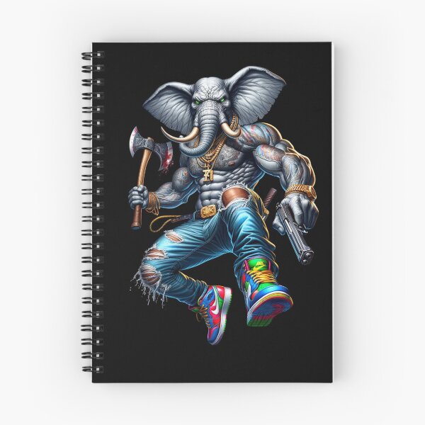 Aperçu de l'œuvre Gangster Elephant Boss - Guerrier du streetwear hip-hop avec hache et pistolet créée et vendue par PrimalBeastLab.
