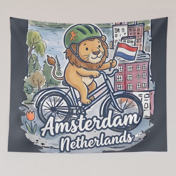 Item preview, Amsterdam Netherlands Bicycling Lion Cute Cyclist Skyline  designed and sold by HowToCanadian.