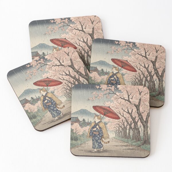 Item preview, Cat Walking in Cherry Blossom Rain with Red Umbrella — Neko no Hanachirashi Uchuu Kou Zu | Japanese Ukiyo-e Cat Art designed and sold by Ukiyo Neko Hyakkei - Cats of the Floating World-.