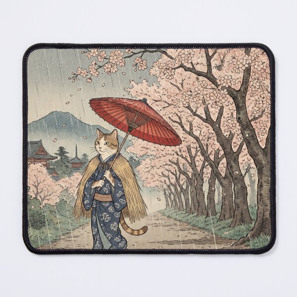 Item preview, Cat Walking in Cherry Blossom Rain with Red Umbrella — Neko no Hanachirashi Uchuu Kou Zu | Japanese Ukiyo-e Cat Art designed and sold by Ukiyo Neko Hyakkei - Cats of the Floating World-.