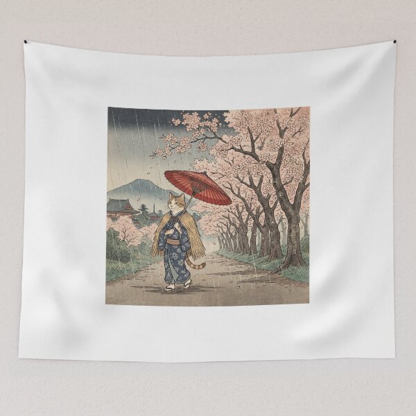 Item preview, Cat Walking in Cherry Blossom Rain with Red Umbrella — Neko no Hanachirashi Uchuu Kou Zu | Japanese Ukiyo-e Cat Art designed and sold by Ukiyo Neko Hyakkei - Cats of the Floating World-.