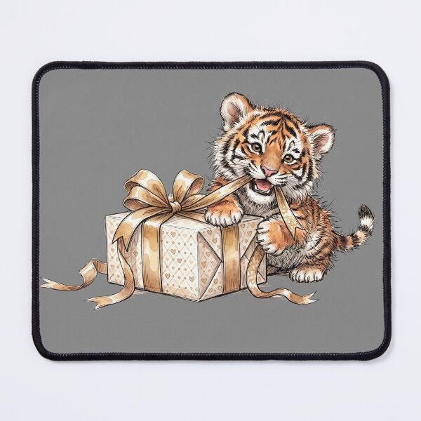 Item preview, Adorable Fluffy Tiger Cub Biting Ribbon Gift Watercolor Art designed and sold by BreezifyDesignStudio.