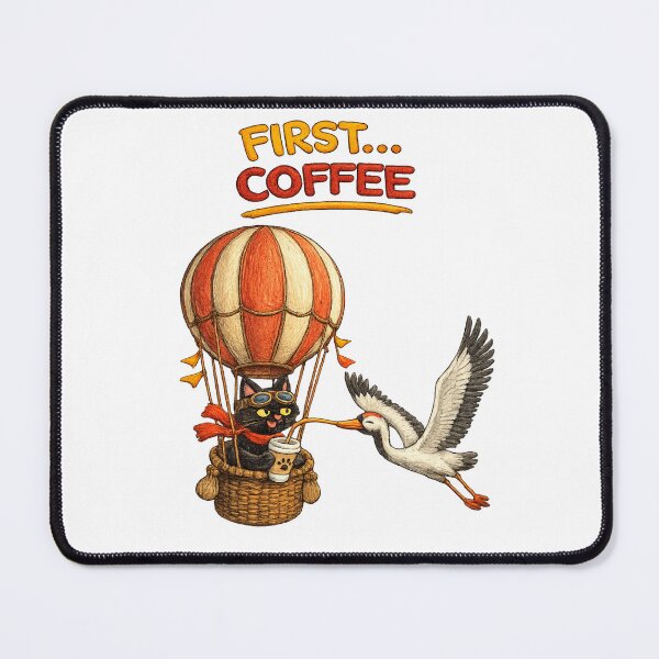 Item preview, First Coffee – Cat in Hot Air Balloon Sharing Coffee with a Crane designed and sold by IrynaLineArt.