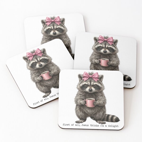 Item preview, First of All Jesus Thinks I'm a Delight – Funny Christian Raccoon Pink Bow Coffee designed and sold by TheBeesForYou.