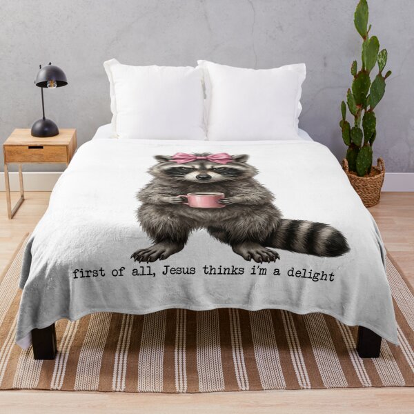 Item preview, First of All Jesus Thinks I'm a Delight – Funny Christian Raccoon Pink Bow Coffee designed and sold by TheBeesForYou.