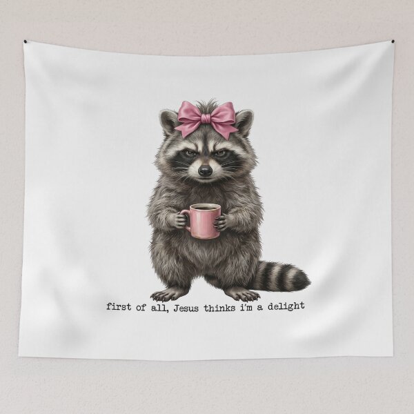Item preview, First of All Jesus Thinks I'm a Delight – Funny Christian Raccoon Pink Bow Coffee designed and sold by TheBeesForYou.