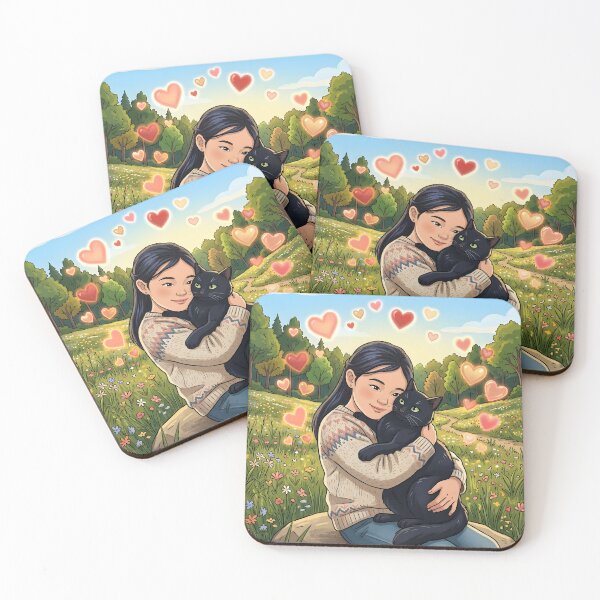 Item preview, Girl Hugging Black Cat | Wildflower Field Illustration  designed and sold by bluesirian22.