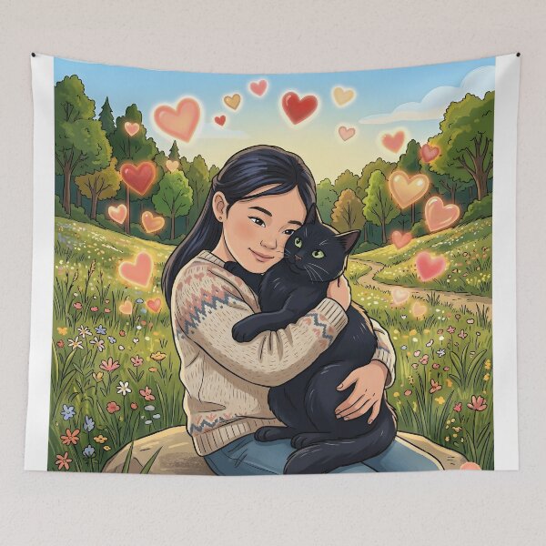 Item preview, Girl Hugging Black Cat | Wildflower Field Illustration  designed and sold by bluesirian22.