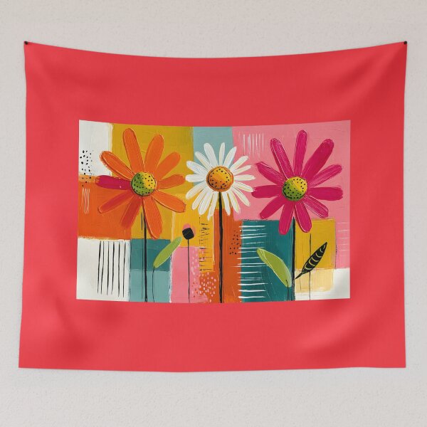 Item preview, Summer Blossoms in Color Harmony - Three Vibrant Flowers Dancing Through Bold Geometric Forms designed and sold by OlfactoART Studio.