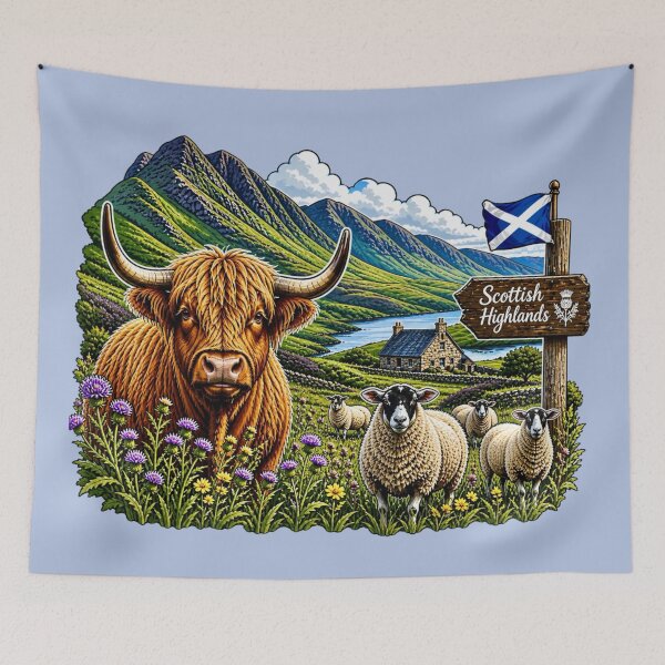 Item preview, Highland Cow and Sheep, Scotland Meadow designed and sold by Myra365Art.