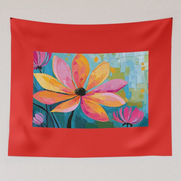 Item preview, Petals of Radiant Harmony - Pink and Orange Blooms Against a Vibrant Geometric Garden designed and sold by OlfactoART Studio.