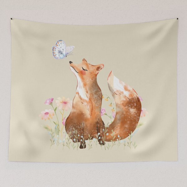Item preview, Fox with Butterfly in Flower Field designed and sold by Whimsical Wayfarer.