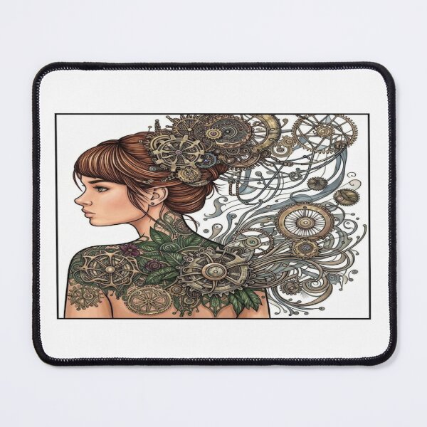 Item preview, Steampunk Girl Clockwork Portrait Mechanical Aesthetic Mouse Pad designed and sold by CozyHavenStudio.