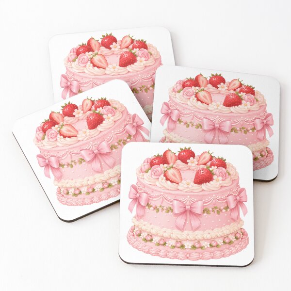 Item preview, Pink Strawberry Cake with Bows & Flowers | Cottagecore Dessert Art designed and sold by Nyx Creates.