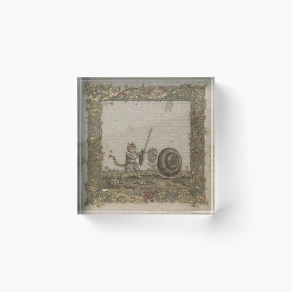 Item preview, Medieval Cat Knight vs Giant Snail Illuminated Manuscript designed and sold by PictorialWhimsy.