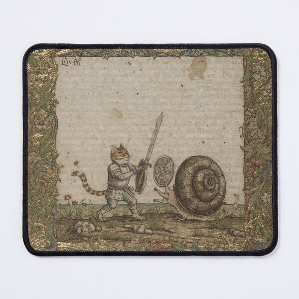 Item preview, Medieval Cat Knight vs Giant Snail Illuminated Manuscript designed and sold by PictorialWhimsy.