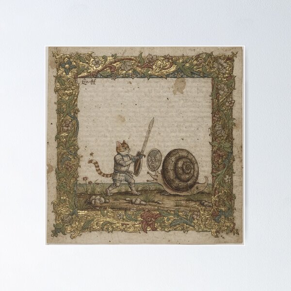 Item preview, Medieval Cat Knight vs Giant Snail Illuminated Manuscript designed and sold by PictorialWhimsy.