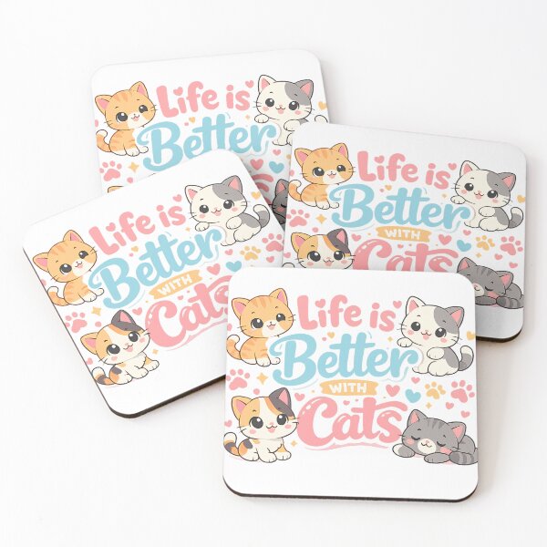 Item preview, "Life is Better with Cats" - Kawaii Chibi Cat Illustration with Pink & Blue Typography designed and sold by mimouna00.