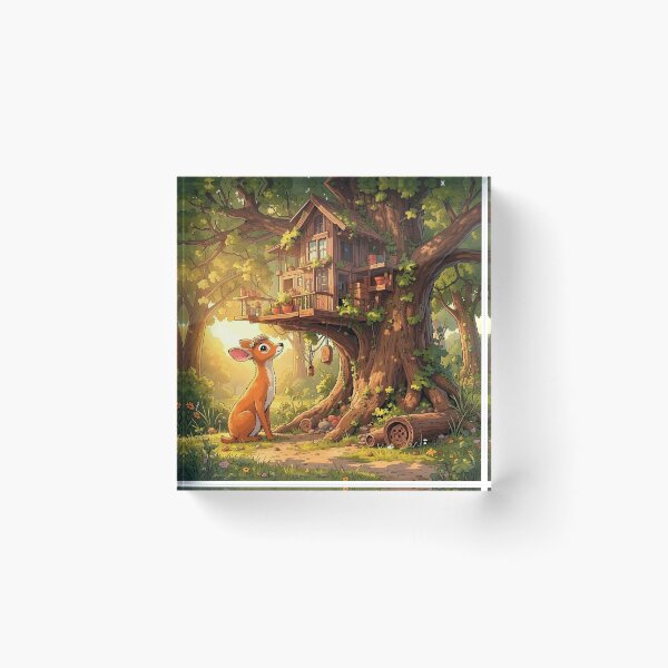 Item preview, Deer Discovering a Cozy Woodland Treehouse designed and sold by Dragonfly-Magic.