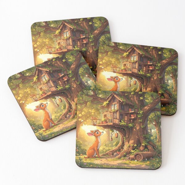 Item preview, Deer Discovering a Cozy Woodland Treehouse designed and sold by Dragonfly-Magic.