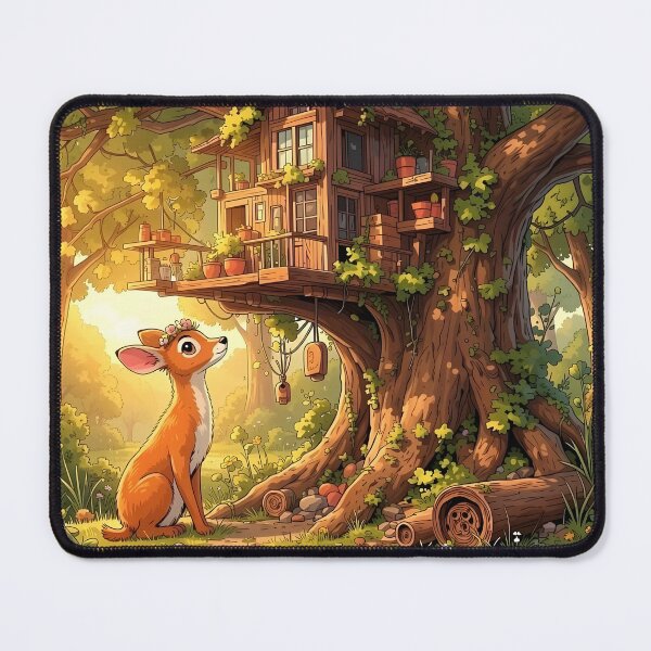 Item preview, Deer Discovering a Cozy Woodland Treehouse designed and sold by Dragonfly-Magic.
