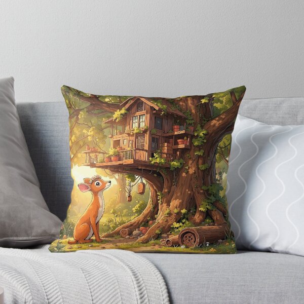 Item preview, Deer Discovering a Cozy Woodland Treehouse designed and sold by Dragonfly-Magic.