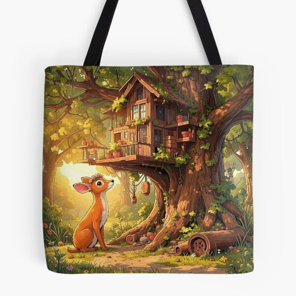 Item preview, Deer Discovering a Cozy Woodland Treehouse designed and sold by Dragonfly-Magic.