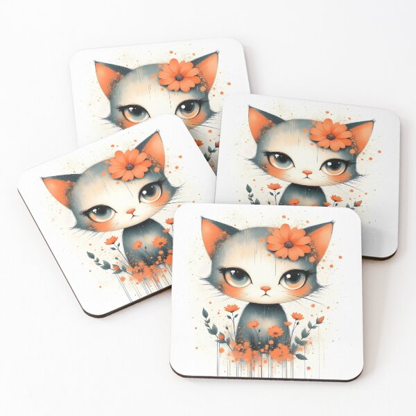 Item preview, Grey Cat with Orange Flowers and Ink Splatter designed and sold by Dragonfly-Magic.