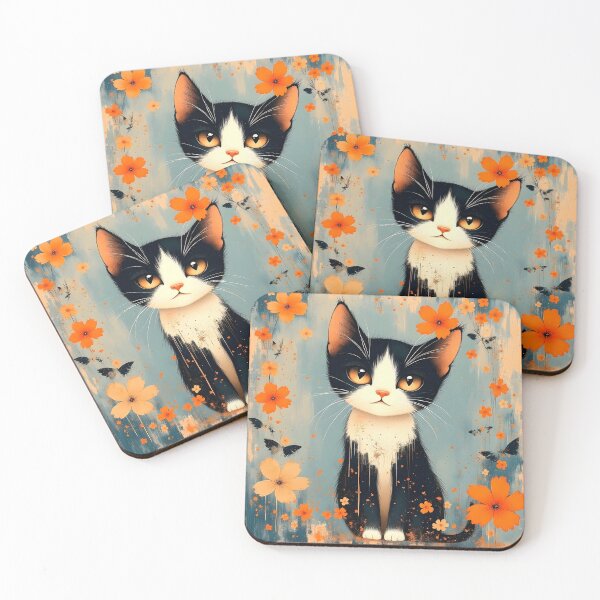 Item preview, Tuxedo Kitten with Orange Flowers designed and sold by Dragonfly-Magic.