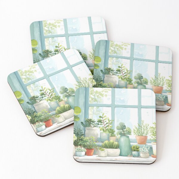 Item preview, Botanical Window Watercolor – Soft Spring Pastel Plant Shelf (Anime Aesthetic) designed and sold by Whimsical Wayfarer.