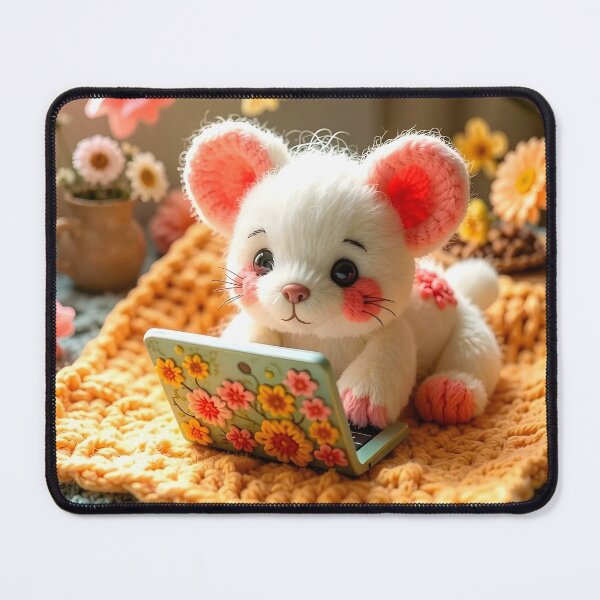 Item preview, Cute Plush Mouse Working on a Floral Laptop designed and sold by Dragonfly-Magic.