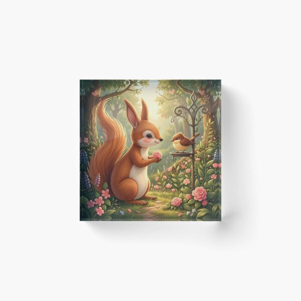 Item preview, Squirrel Offering a Rose to a Little Bird in a Garden designed and sold by Dragonfly-Magic.