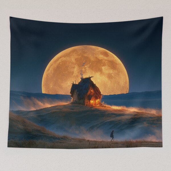 Item preview, Moonlit Fantasy Cottage | Giant Full Moon Landscape Art designed and sold by GSizzle1.