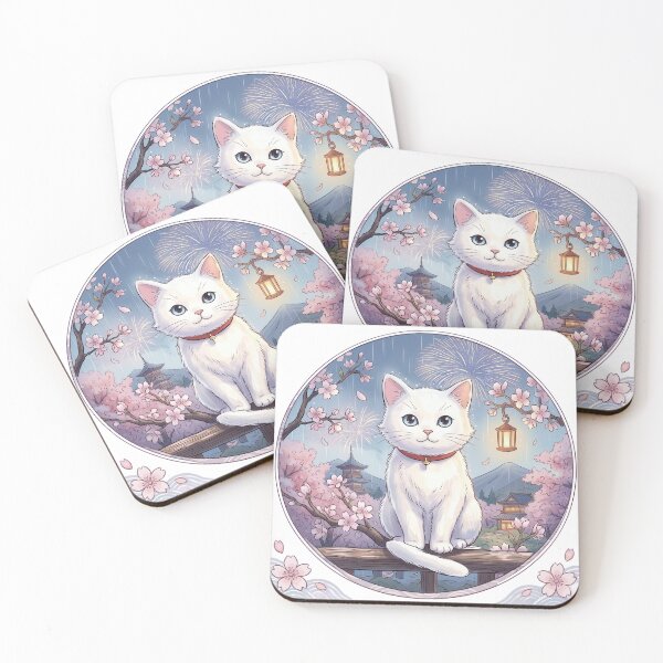 Item preview, Sakura White Cat Summer Fireworks Japanese Illustration designed and sold by SakuraNekoCo.
