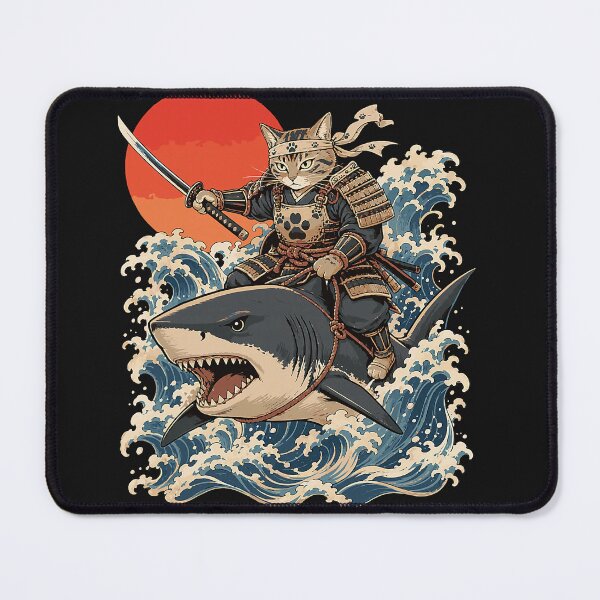 Item preview, Shark Samurai Cat Japanese Art Cat Riding Shark designed and sold by Littermin.