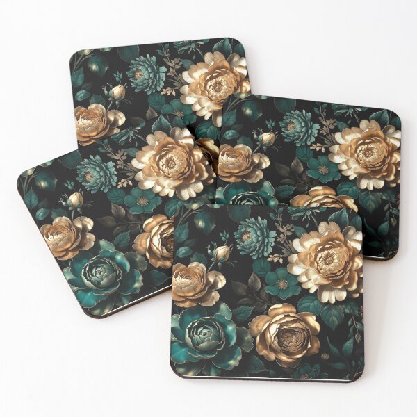 Item preview, Teal and Gold Roses on Black Background designed and sold by IntelliMindDesigns.