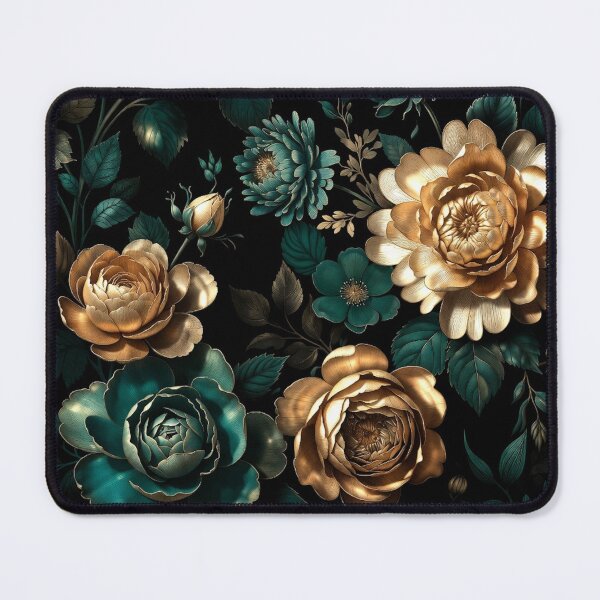 Item preview, Teal and Gold Roses on Black Background designed and sold by IntelliMindDesigns.