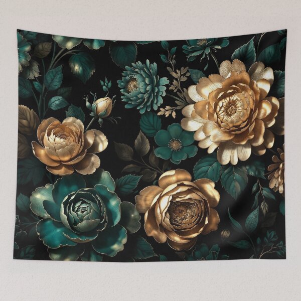 Item preview, Teal and Gold Roses on Black Background designed and sold by IntelliMindDesigns.
