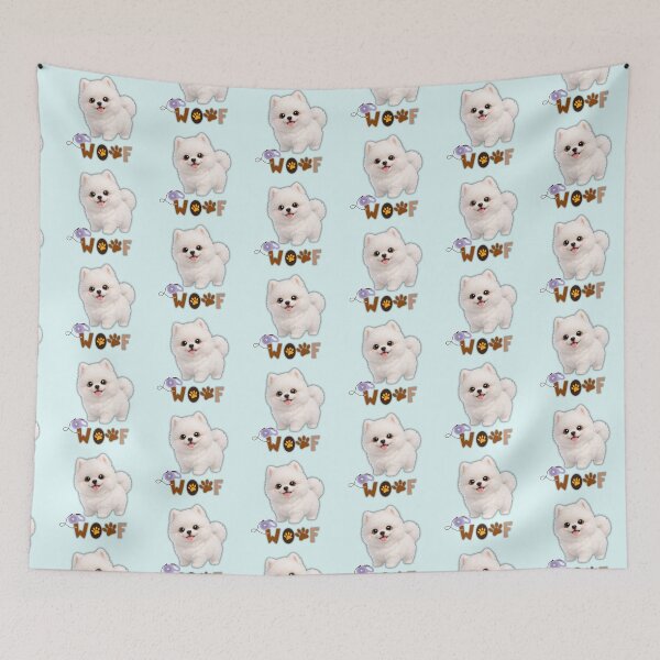 Item preview, Cute Fluffy White Pomeranian Puppy Woof Typography designed and sold by Soluna Studio.