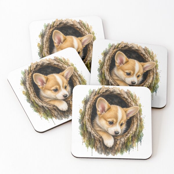 Item preview, Baby Welsh Corgi in Tree Hollow Watercolor Illustration designed and sold by SimpliVibe.