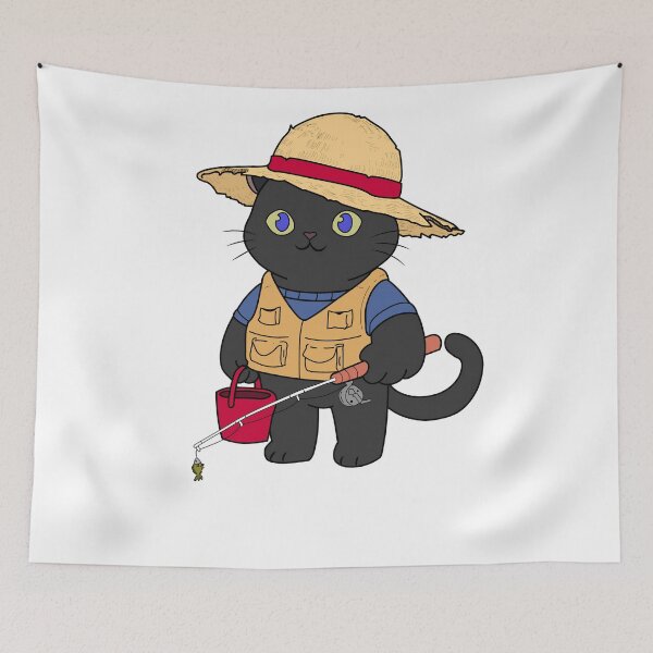 Item preview, Cute Black Cat Fishing Sticker - Funny Fisherman Chibi Cat designed and sold by JEVANStudio.