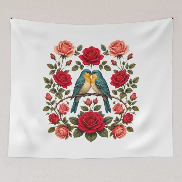 Item preview, Vintage Lovebirds and Rose Garden Floral designed and sold by QuiteOrbit.