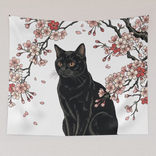 Item preview, Black Cat and Night Cherry Blossoms: Vintage Ukiyo-e Style designed and sold by vekotpu.